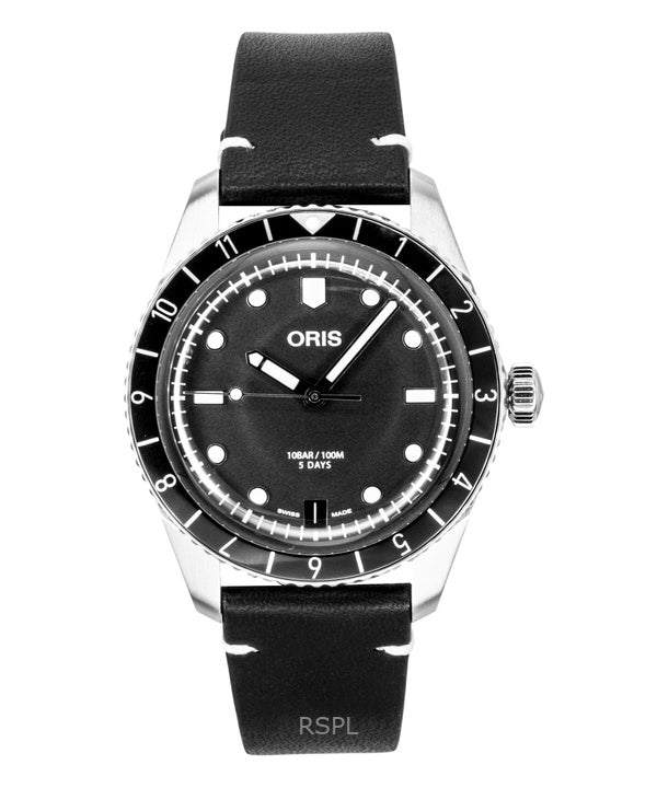 Reloj Oris Divers Sixty Five 12H para hombre, con correa de piel, esfera negra y movimiento automático (01 400 7772 4054-07 5 20 82 100M).
