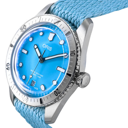 Reloj unisex Oris Divers Sixty-Five Cotton Candy con correa textil, esfera azul, automático, 01-733-7771-4055-07-3-19-02S, 100 m