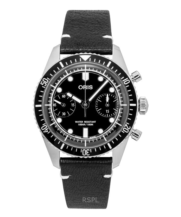 Reloj Oris Divers Sixty-Five Cronógrafo con correa de piel y esfera negra, automático, 01-771-7791-4054-07-6-20-01, 100 m, para hombre