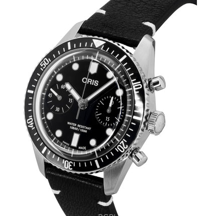 Reloj Oris Divers Sixty-Five Cronógrafo con correa de piel y esfera negra, automático, 01-771-7791-4054-07-6-20-01, 100 m, para hombre