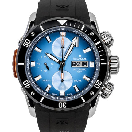 Reloj de buceo automático Edox CO-1 con cronógrafo, correa de caucho y esfera azul, 01128-3NOCA-BUIDN, 500 m, para hombre