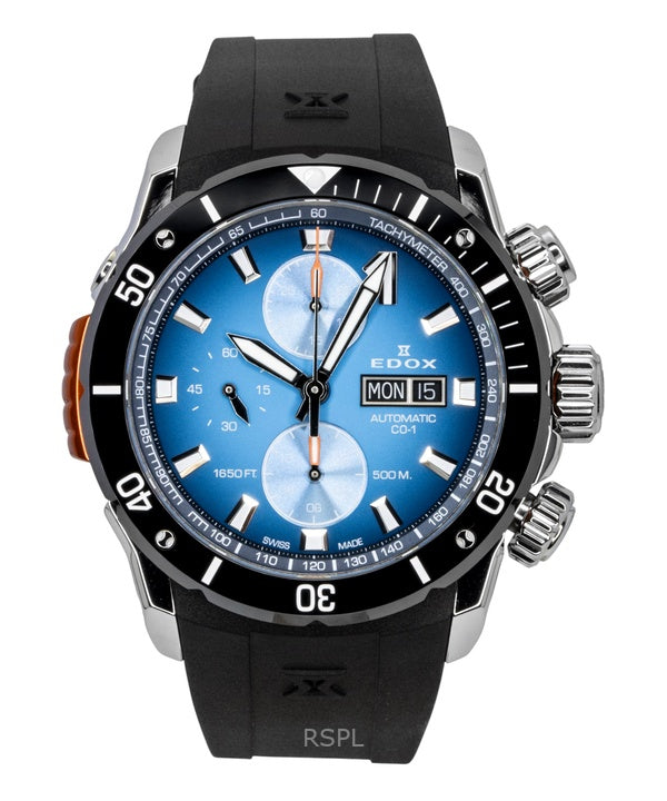 Reloj de buceo automático Edox CO-1 con cronógrafo, correa de caucho y esfera azul, 01128-3NOCA-BUIDN, 500 m, para hombre