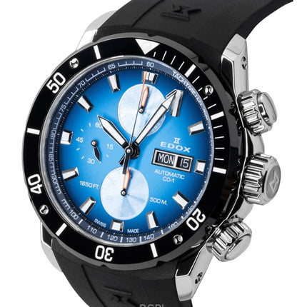 Reloj de buceo automático Edox CO-1 con cronógrafo, correa de caucho y esfera azul, 01128-3NOCA-BUIDN, 500 m, para hombre