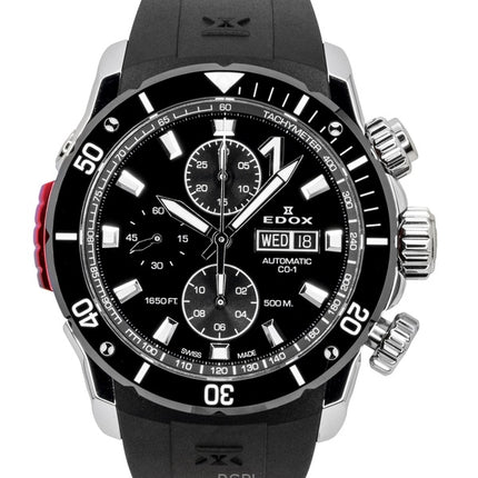 Reloj de buceo automático Edox CO-1 con cronógrafo, correa de caucho y esfera negra, 01128-3NRCA-NN, 500 m, para hombre