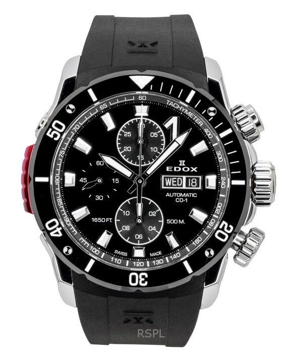 Reloj de buceo automático Edox CO-1 con cronógrafo, correa de caucho y esfera negra, 01128-3NRCA-NN, 500 m, para hombre