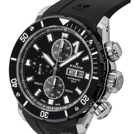 Reloj de buceo automático Edox CO-1 con cronógrafo, correa de caucho y esfera negra, 01128-3NRCA-NN, 500 m, para hombre