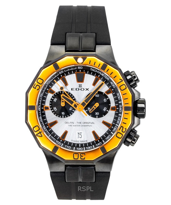 Reloj de buceo Edox Delfin The Original con cronógrafo, correa de caucho y esfera plateada, de cuarzo, 10112-37GNOCA-ANO, 200 m, para hombre