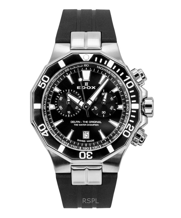 Reloj de buceo Edox Delfin The Original con cronógrafo, correa de caucho, esfera negra, cuarzo, 10112-3NCA-NIN, 200 m, para hombre