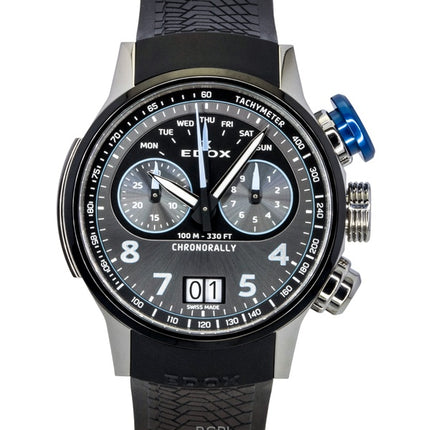 Reloj de cuarzo Edox Chronorally Chronograph con correa de caucho y esfera gris 38003-TINBU-GNBU 100M para hombre
