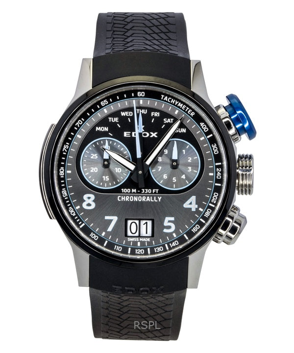 Reloj de cuarzo Edox Chronorally Chronograph con correa de caucho y esfera gris 38003-TINBU-GNBU 100M para hombre
