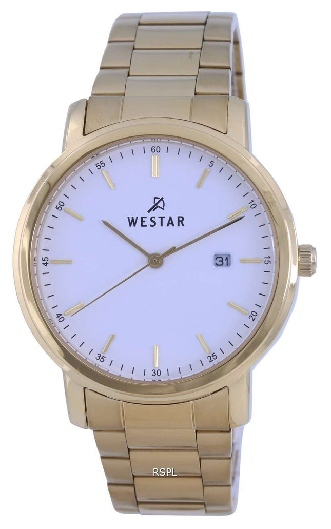 Westar, esfera blanca, tono dorado, acero inoxidable, cuarzo 50243 GPN 101, reloj para hombre