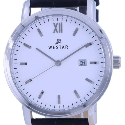 Westar, esfera blanca, correa de cuero, cuarzo, 50244 STN 101, reloj para hombre