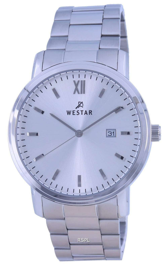 Westar, esfera azul, correa de cuero, cuarzo, 50244 STN 104, reloj para hombre