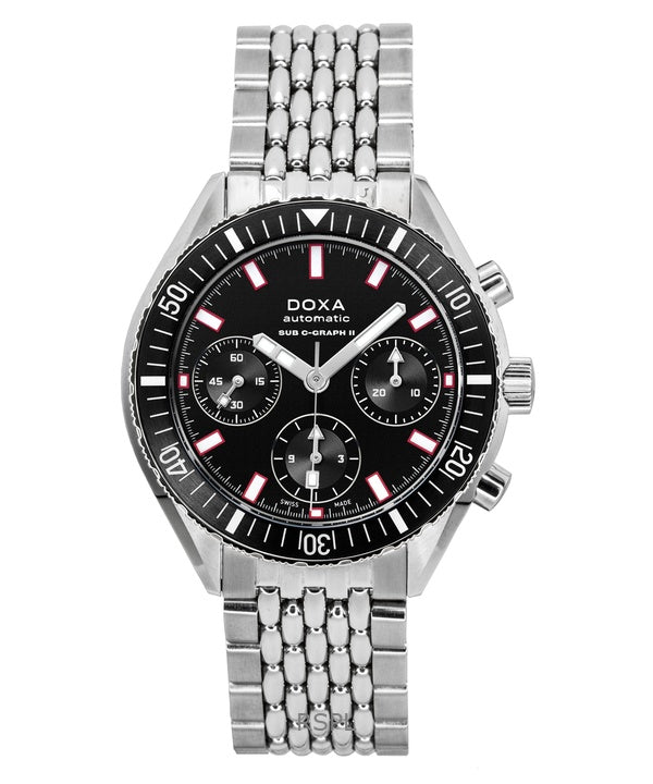 Reloj automático de buceo Doxa Sub 200 C-Graph II Sharkhunter con esfera negra (797.10.101.10, 200 m) para hombre con correa adicional