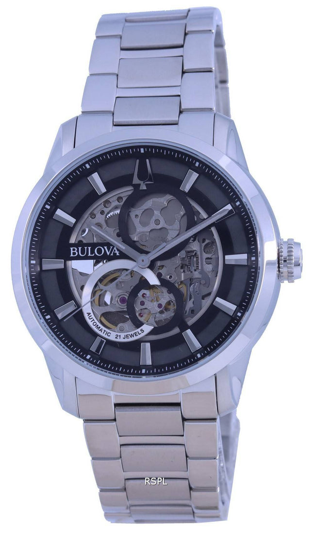 Reloj Bulova Classic Skeleton, automático, de acero inoxidable, esfera negra, 96A208, para hombre, reacondicionado