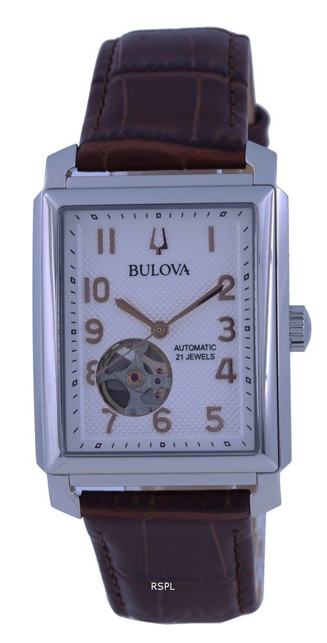 Bulova Sutton esfera blanca correa de cuero automático 96A268 Watch de Men es
