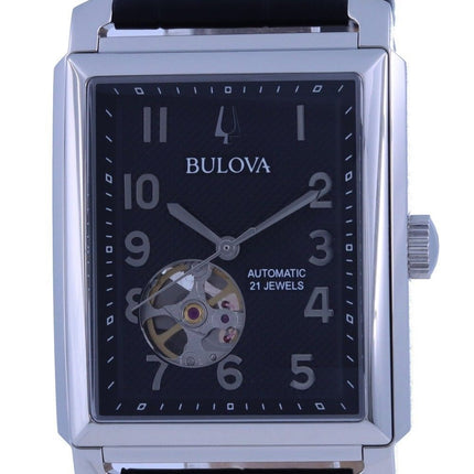Reloj Bulova Sutton Open Heart con esfera negra y correa de cuero automático 96A269 para hombre