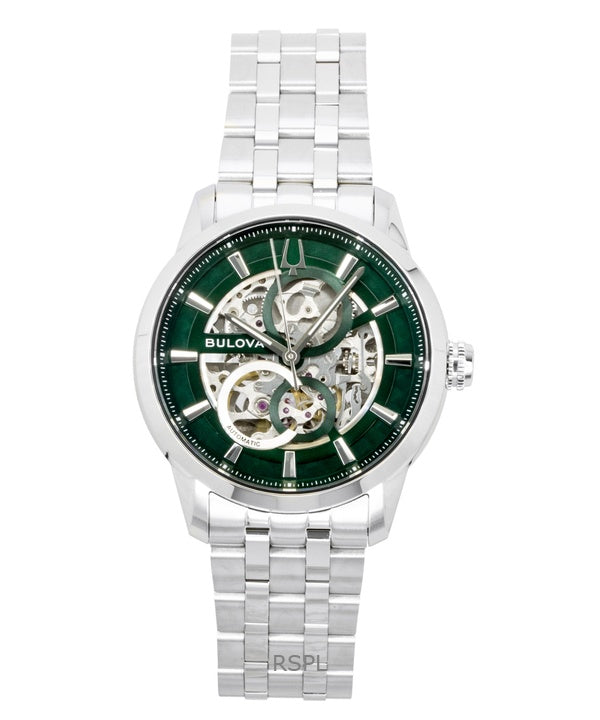 Reloj Bulova Sutton automático esqueleto de acero inoxidable verde 96A329 para hombre