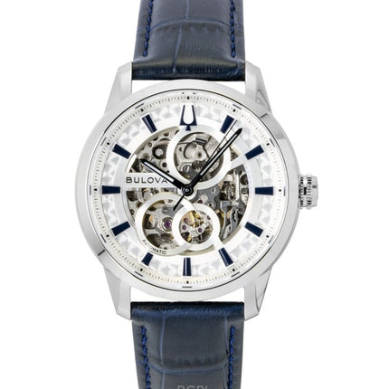 Reloj Bulova Sutton automático esqueleto plateado para hombre 96A330 con correa de cuero