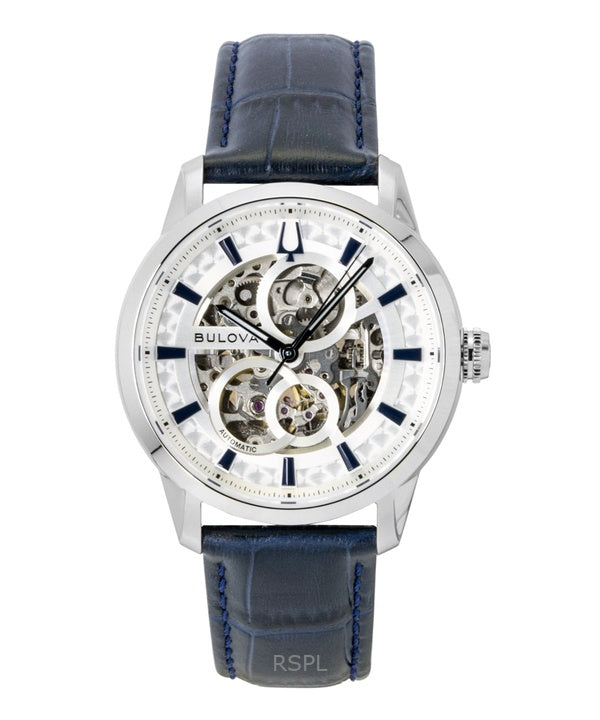 Reloj Bulova Sutton automático esqueleto plateado para hombre 96A330 con correa de cuero