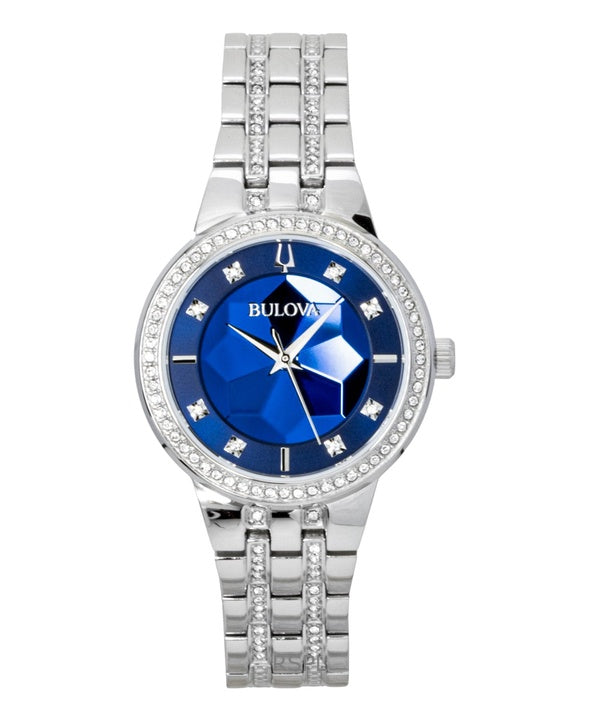 Reloj Bulova Phantom Crystal para mujer, modelo 96L276, de acero inoxidable, esfera azul y movimiento de cuarzo.