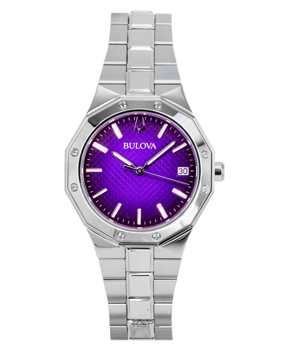 Reloj Bulova Prestige de acero inoxidable con esfera morada de cuarzo 96M168 100M para mujer