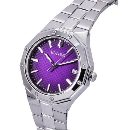 Reloj Bulova Prestige de acero inoxidable con esfera morada de cuarzo 96M168 100M para mujer