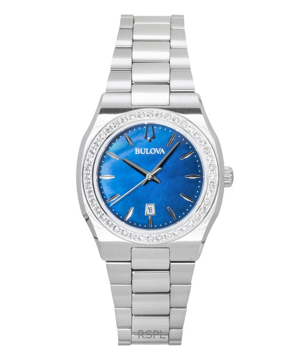 Reloj Bulova Surveyor de acero inoxidable con detalles de diamantes y esfera de nácar azul (96R246) para mujer