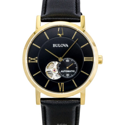Reloj Bulova American Clipper con correa de cuero y esfera negra, automático, 97A154, para hombre