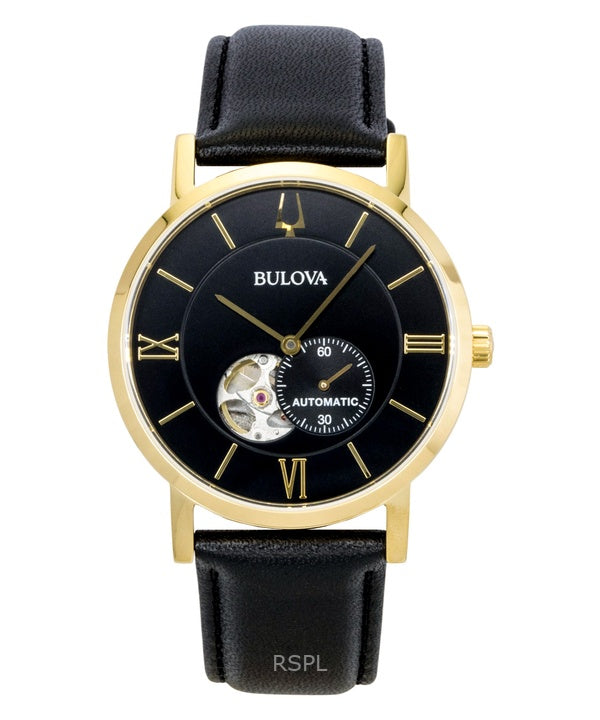 Reloj Bulova American Clipper con correa de cuero y esfera negra, automático, 97A154, para hombre