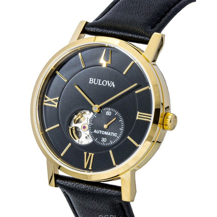 Reloj Bulova American Clipper con correa de cuero y esfera negra, automático, 97A154, para hombre