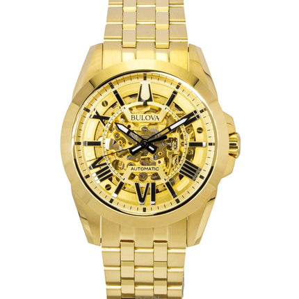Reloj Bulova Sutton para hombre, modelo 97A162, automático, de acero inoxidable dorado con esfera esqueleto dorada