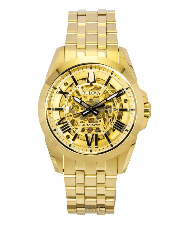 Reloj Bulova Sutton para hombre, modelo 97A162, automático, de acero inoxidable dorado con esfera esqueleto dorada