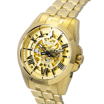 Reloj Bulova Sutton para hombre, modelo 97A162, automático, de acero inoxidable dorado con esfera esqueleto dorada