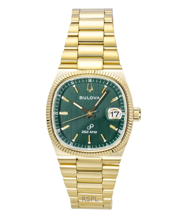 Reloj Bulova Super Seville de acero inoxidable en tono dorado con esfera verde de cuarzo 97B237 para hombre
