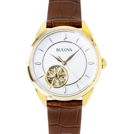 Reloj automático Bulova Sutton 97L179 para mujer con correa de piel y esfera de nácar.