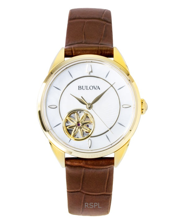 Reloj automático Bulova Sutton 97L179 para mujer con correa de piel y esfera de nácar.