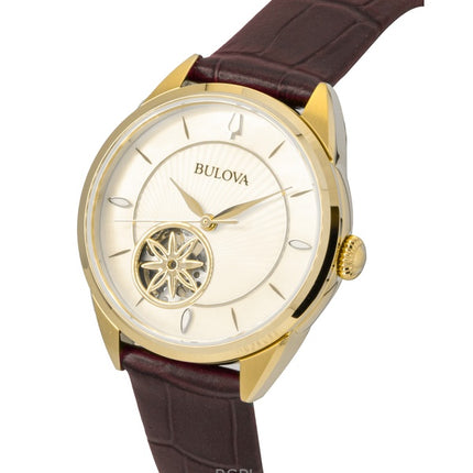 Reloj automático Bulova Sutton 97L179 para mujer con correa de piel y esfera de nácar.