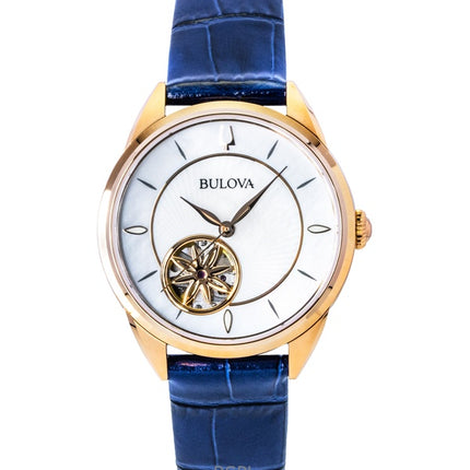 Reloj automático Bulova Sutton 97L180 para mujer con correa de piel y esfera de nácar.