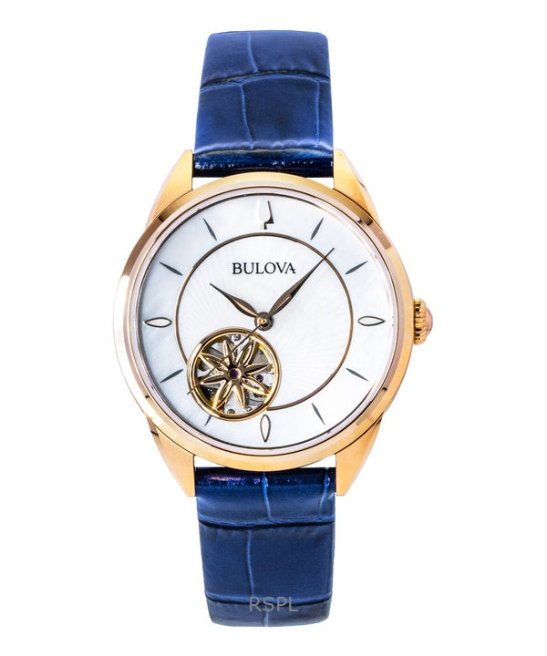 Reloj automático Bulova Sutton 97L180 para mujer con correa de piel y esfera de nácar.