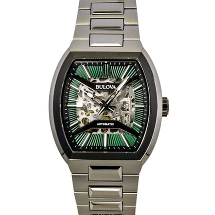 Reloj Bulova Maquina automático para hombre, modelo 98A321, con esfera esqueleto verde y caja de acero inoxidable.