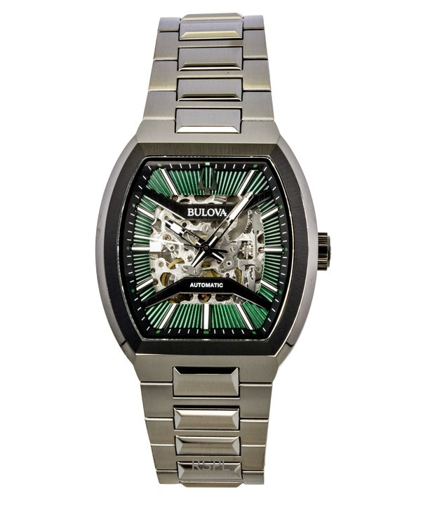 Reloj Bulova Maquina automático para hombre, modelo 98A321, con esfera esqueleto verde y caja de acero inoxidable.