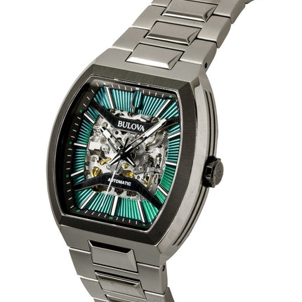 Reloj Bulova Maquina automático para hombre, modelo 98A321, con esfera esqueleto verde y caja de acero inoxidable.