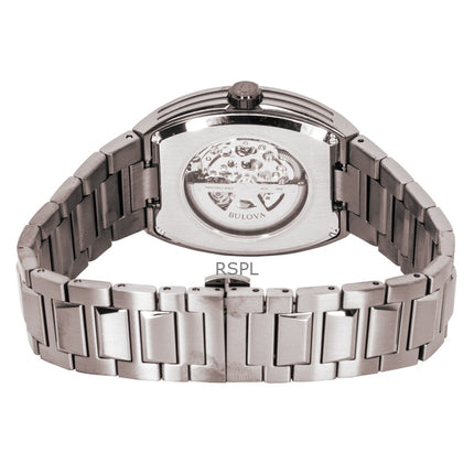 Reloj Bulova Maquina automático para hombre, modelo 98A321, con esfera esqueleto verde y caja de acero inoxidable.