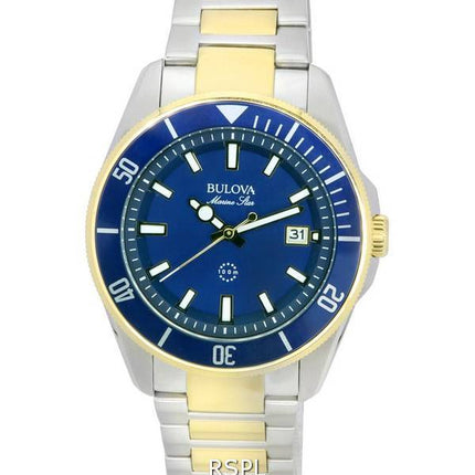 Bulova Marine Star Pulsera de dos tonos Esfera azul Cuarzo 98B334 100M Reloj para hombre