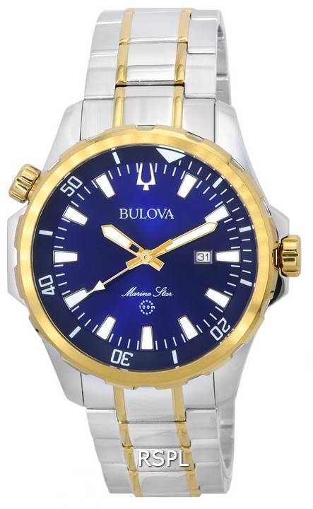Bulova Marine Star Pulsera de dos tonos Esfera azul Cuarzo 98B384 100M Reloj para hombre