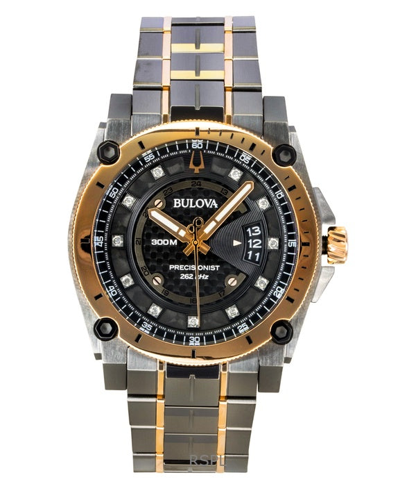 Reloj Bulova Precisionist Diamond de acero inoxidable con esfera negra, movimiento de cuarzo, para buceo, modelo 98D149, resistente al agua hasta 300 metros.