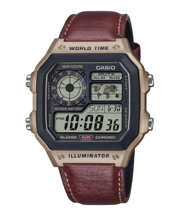 Reloj Casio Standard Digital World Time con correa de cuero de cuarzo AE-1200WHL-5AV 100M para hombre