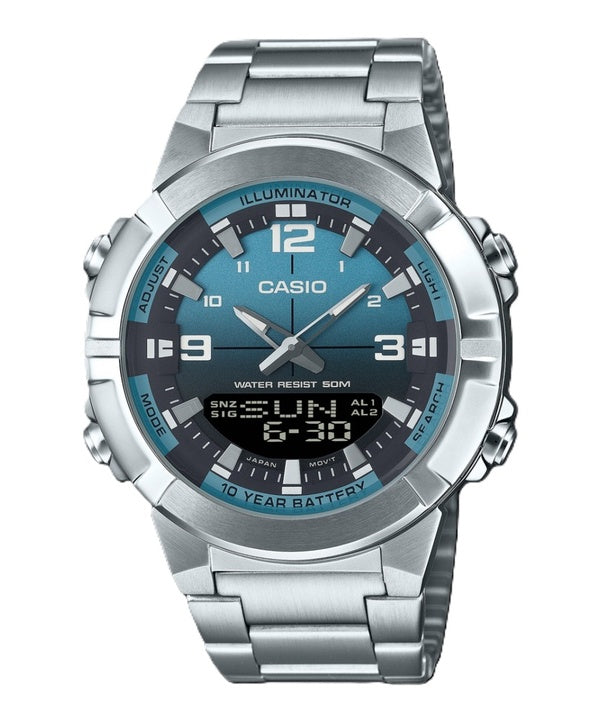 Reloj Casio analógico digital combinado de acero inoxidable con esfera azul claro de cuarzo AMW-870DA-2A2V para hombre