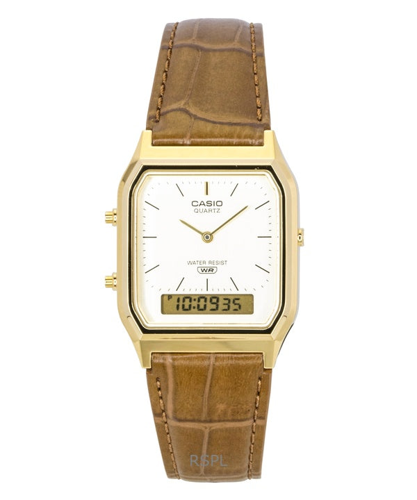 Reloj Casio vintage analógico digital con correa de cuero y esfera dorada de cuarzo AQ-230EGL-9A unisex